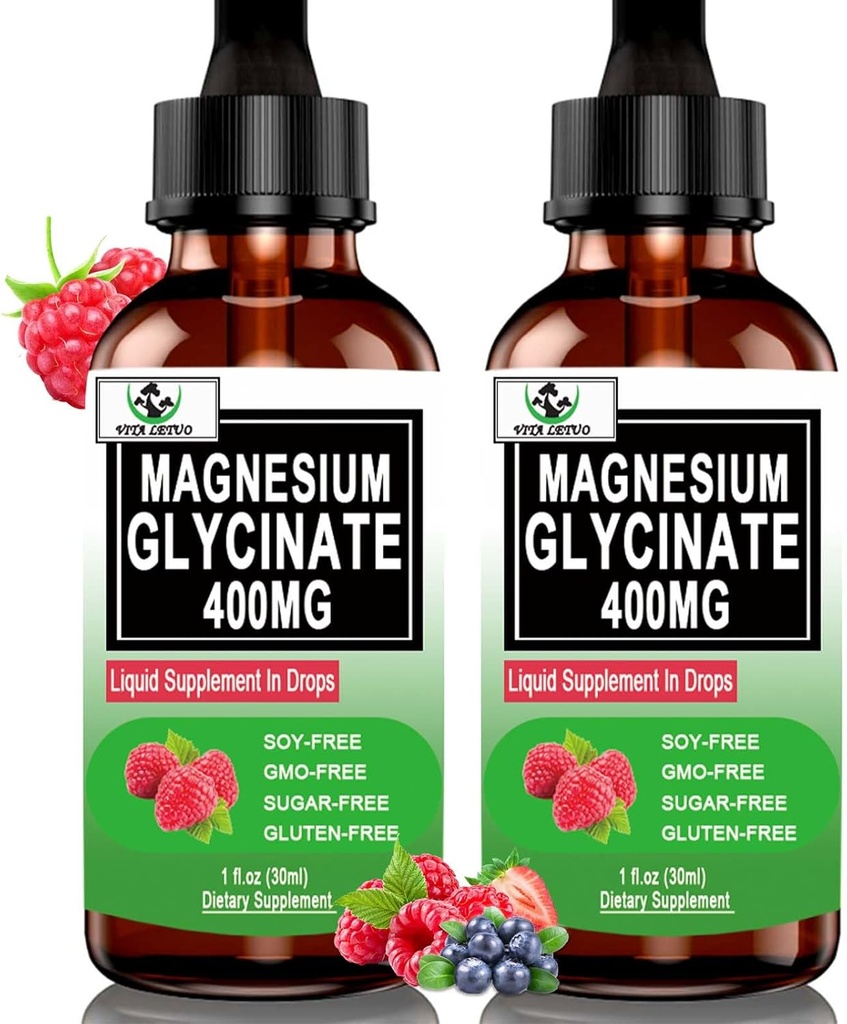 (2 Pack) Magnesium Glycinate Liquid Drops, 6X High Absorption Liquid Magnesium Supplement for ben, søvn, ben kramper og immunforsvar, Pure Magnesium Glycinate 400mg for kvinder Mænd, Vegan, Non- GMO