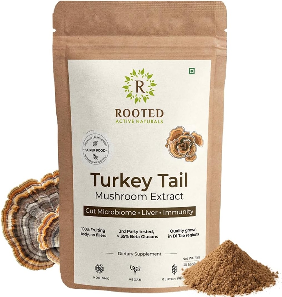 ROOTED Active 's Turkey Tail Mushroom Extract Powder, USDA & EU Certified Organic Mechanism 124; 35% Beta Glucans - Lab Verified Mechanism 124; Gut Health, Lever, Immunity Support (2.11 Ounce)