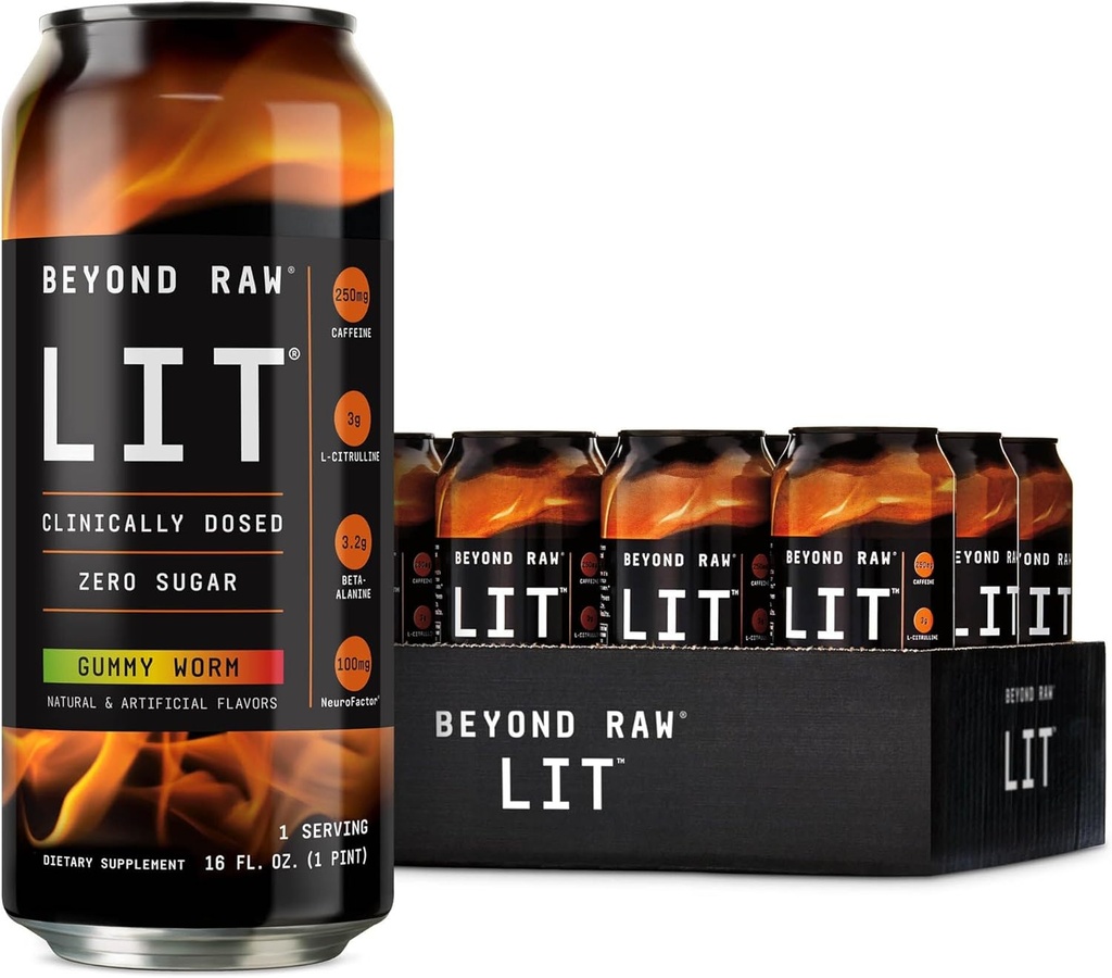 BEYOND RAW LIT Pre Workout, Gummy Worm, for Energy, Focus, Intensity and Pumps, with Nitric Oxide Boost, Zero Sugar, 250mg Caffeine with Beta Alanine, 12 Cans