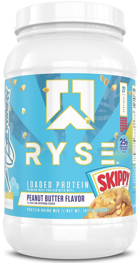 RYSE Indlæst protein pulver - Skippy Peanut Butter - 25g Whey Protein Isolere & Koncentrat med Prebiotic Fiber & MCT 'er - Lav Carb, Lavsukker, Digitalt-Friendly - 27 Servere / 2 LB Tub