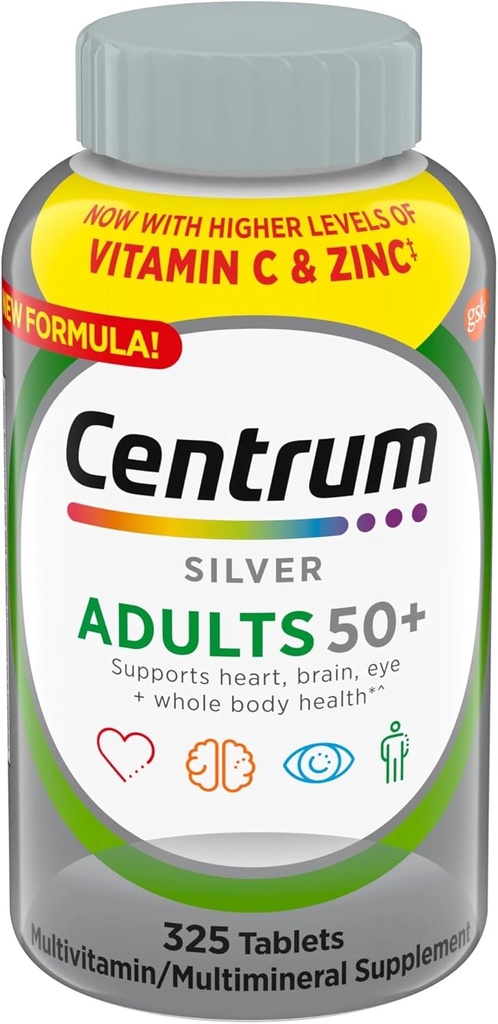 Centrum Sølv Voksne 50 + Multivitamin, 325 tabletter + Bundle med VITACARE Whistle Key Chain til udendørs