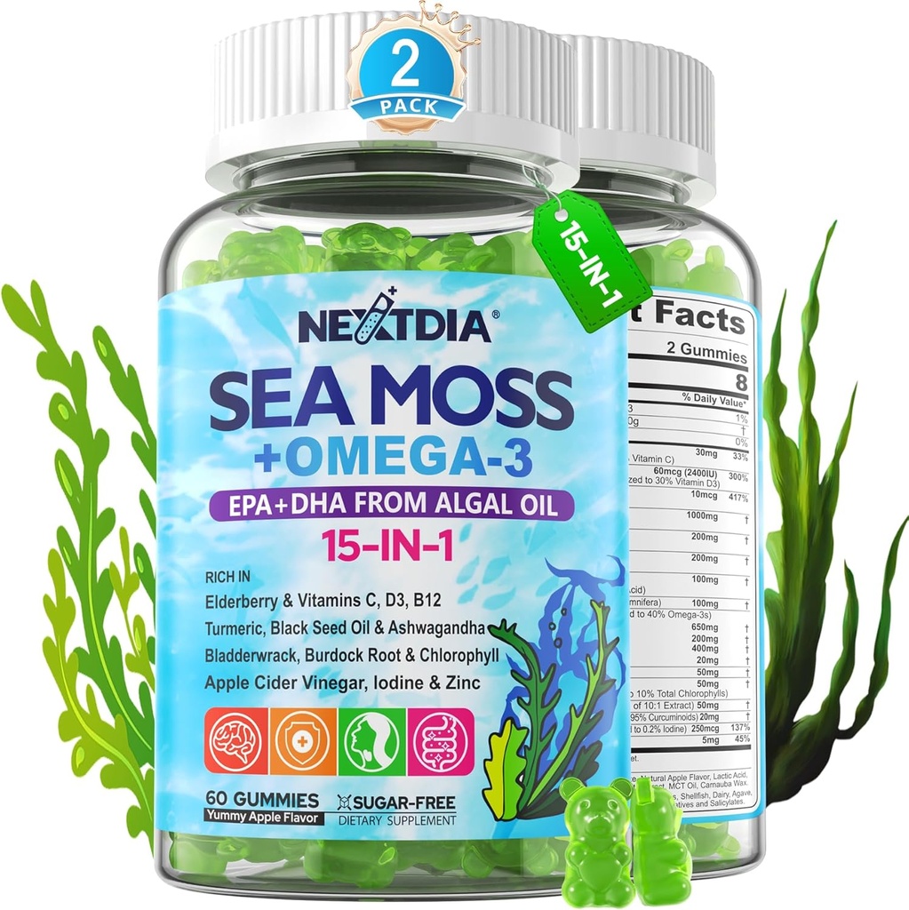 Sea Moss Gummies + Algae Omega-3 for voksne, 15-IN-1 Økologisk Irish Sea Moss Superfood med / Vitaminer C D3 B12, Gurkemeje, Bladderwrack, Understøtter energi, hjerne, immunforsvar, daglige Vitality, sukkerfri, 120 Cts