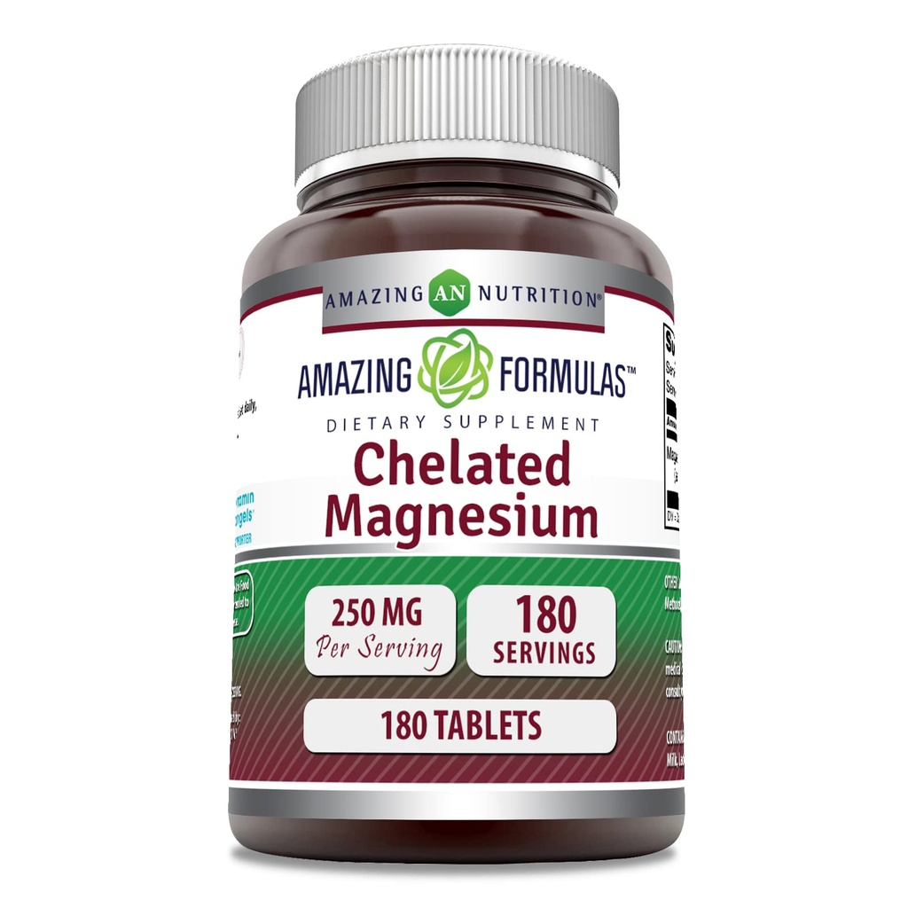 Amazing Formulas Chelated Magnesium Supplement | 250 Mg | Tablets | Non-GMO | Gluten-Free | Made in USA (1 Pack | 180 Count)