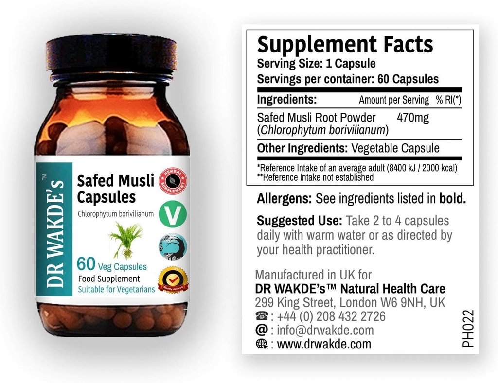 DR WAKDE 's Safed Musli Kapsler (Chlorophytum borivilianum, 60 Veg Caps, Plant- baseret supplement, Ayurvedic Herb, All Natural, Vegan)