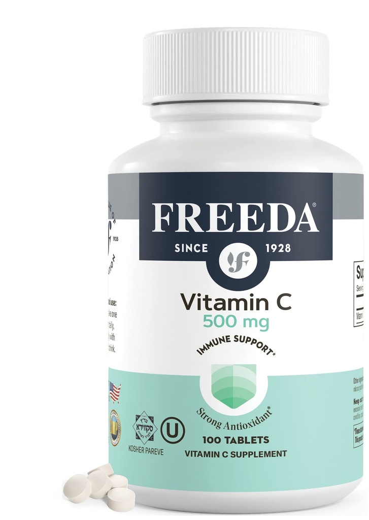 FREEDA-vitamin C - Vegansk C-vitamin 500 mg - Kosher - Kraftig antioxidant immunforsvar - Let at synke Vitamin C tabletter som ascorbinsyre - Pure C-vitamin 500 mg - VIT C tillæg (100 Tæl)