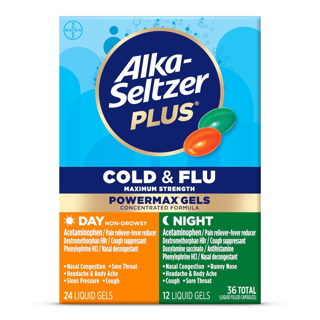 Alka- Seltzer Plus Power Max Cold & Flu Dag + Night Medicine: Host suppressant, Cold and Flu Medicine For voksne og børn 12 år og ældre, 36 Greve, Packaging May Vary