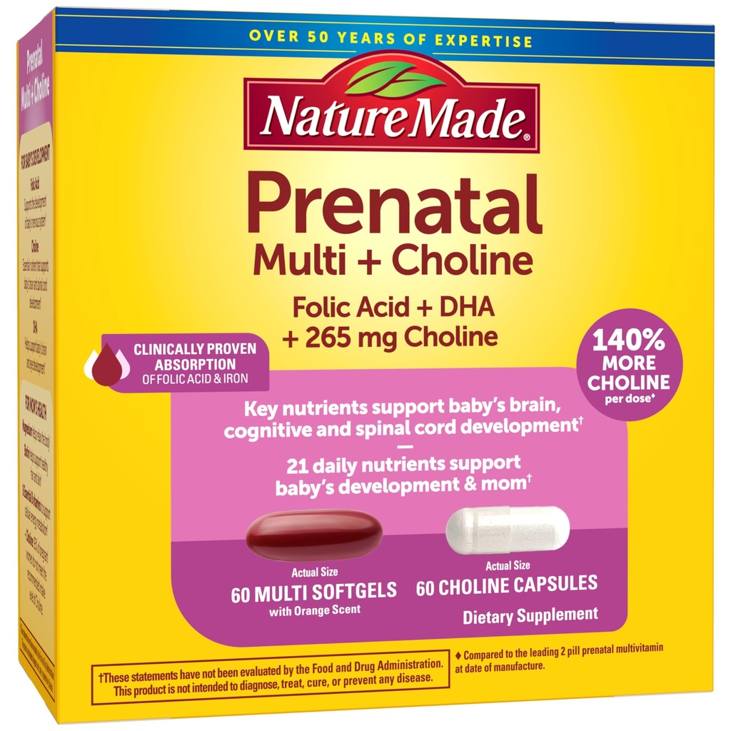 Nature Made Prenatal Vitamin Softels + Cholin Kapsler, Folinsyre + DHA + Cholin, 60 Prenatal Vitaminer til kvinder, 60 Cholin Kosttilskud Kapsler, 60 Day Supply