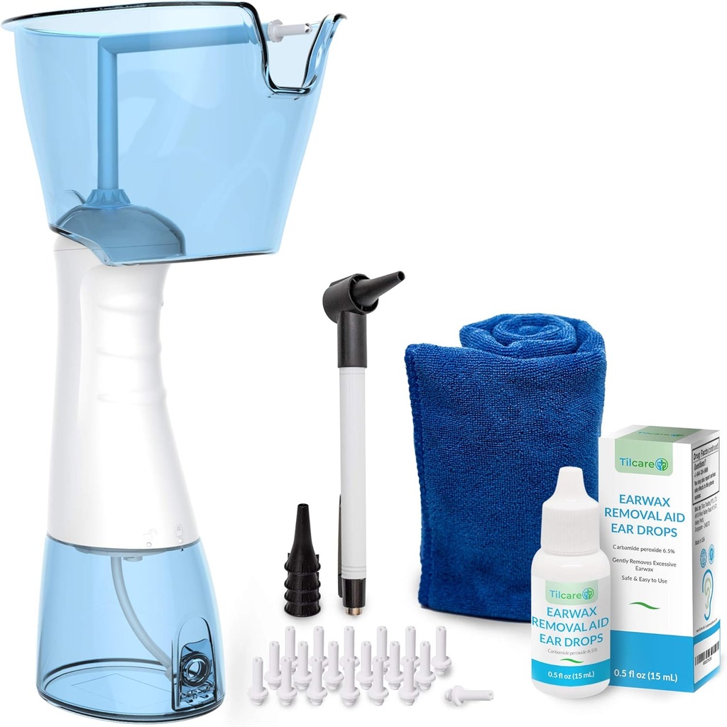 Electric Ear Wax Removal Kit af Tilcare - Genopladelig Øre Rengøring Maskine til Øre kunstvanding - Komplet Øre Flush Kit til voksne & Børn - Ear Lavage System med Øre Drops, Otoscope, Håndklæde & 30 Tips