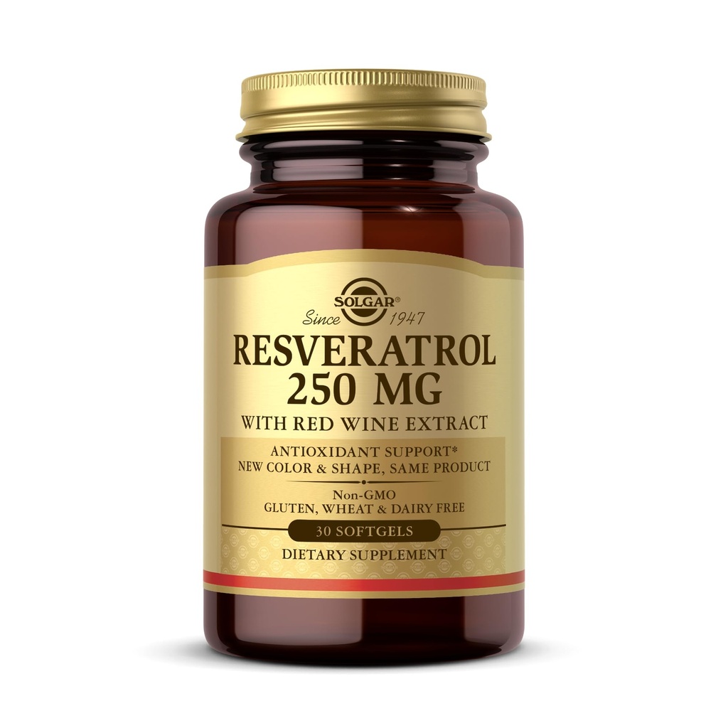 Solgar Resveratrol 250 mg med Red Wine Extract - 30 Softgels - Antioxidant Support - Non- GMO, Gluten Free, Dairy Free - 30 Servere
