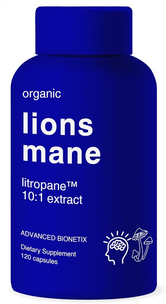 Organic Lions Mane Supplement 120 Kapsler. Brain Support Nootrop immunsystem Support Mushroom Supplement. 10X ekstrakt svarende til 18.000mg, Indeholder Patent venter Litropane ™