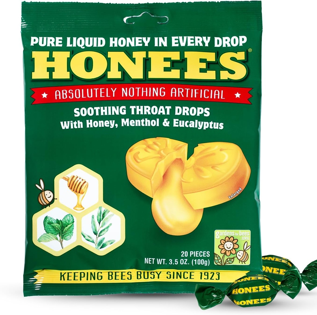 Honees Honey Menthol Cough Drops - 20-Piece, Single Pack Honey-Filled Lozenges | Temporary Relief from Cough | Soothes Sore Throat | All Natural