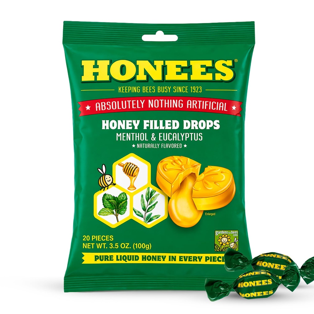 Hones Honey Menthol Hough Drops - 20 -Piece, Single Pack Honey- Filled Lozenges