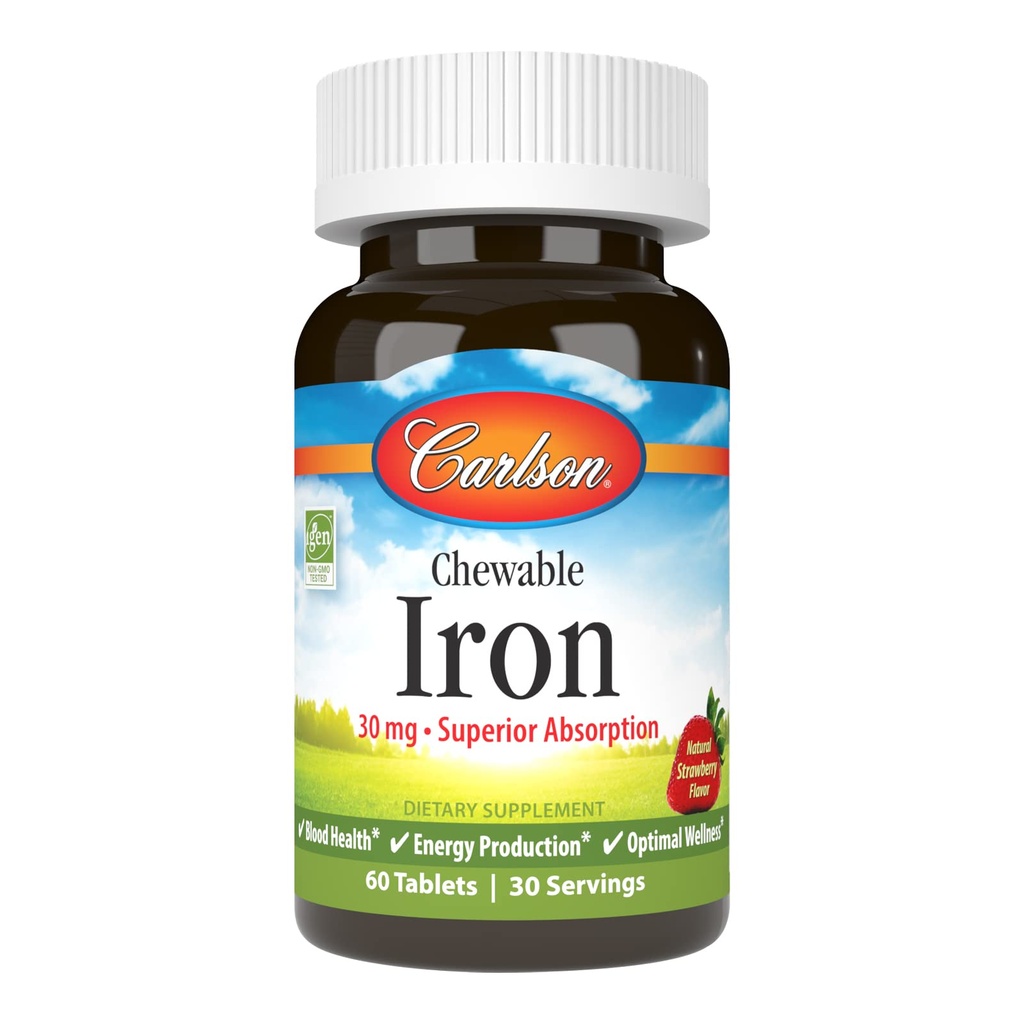 Carlson - Chewable Iron, 30 mg, Superior Absorption, Blood Health, Energy Production & Optimal Wellness, Natural Strawberry Flavor, 60 tabletter