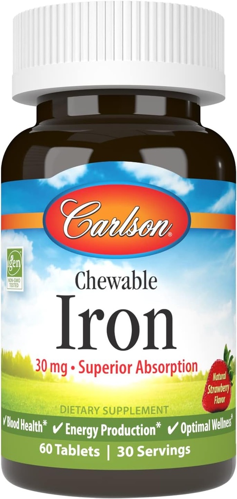 Carlson - Chewable Iron, 30 mg, Superior Absorption, Blood Health, Energy Production & Optimal Wellness, Natural Strawberry Flavor, 60 tabletter