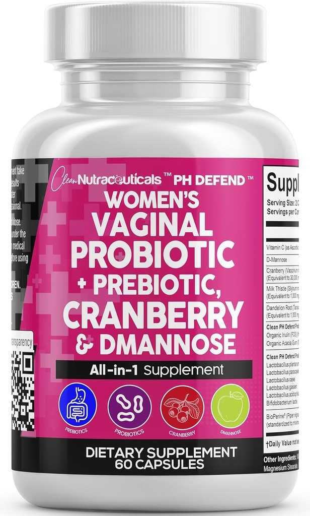 Rene nukleosteroider Vaginal Probiotika til kvinder med Cranberry, D- Mannose, Prebiotika, pH Balance Support, Feminin Sundhed, Urinary Tract Cleanse - Capsule Alternative to Gummies - 60 Greve
