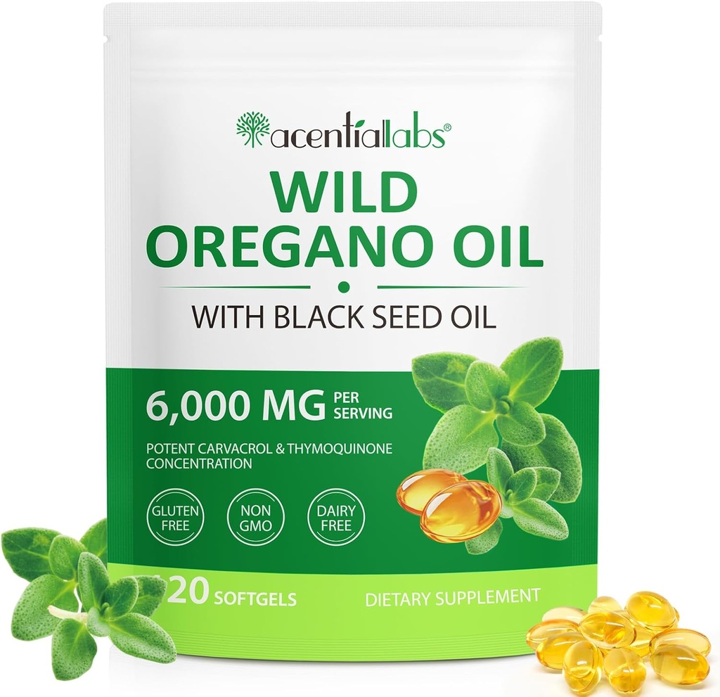 Olie af Oregano med Black Seed Oil, Olie af Oregano Softels 6000mg Per Serving, 2 i 1 Formuleret med Black Seed Oil 200mg, Organic Oregano Oil, Gluten Free, Dairy Free, 120 Greve (1 pakke)