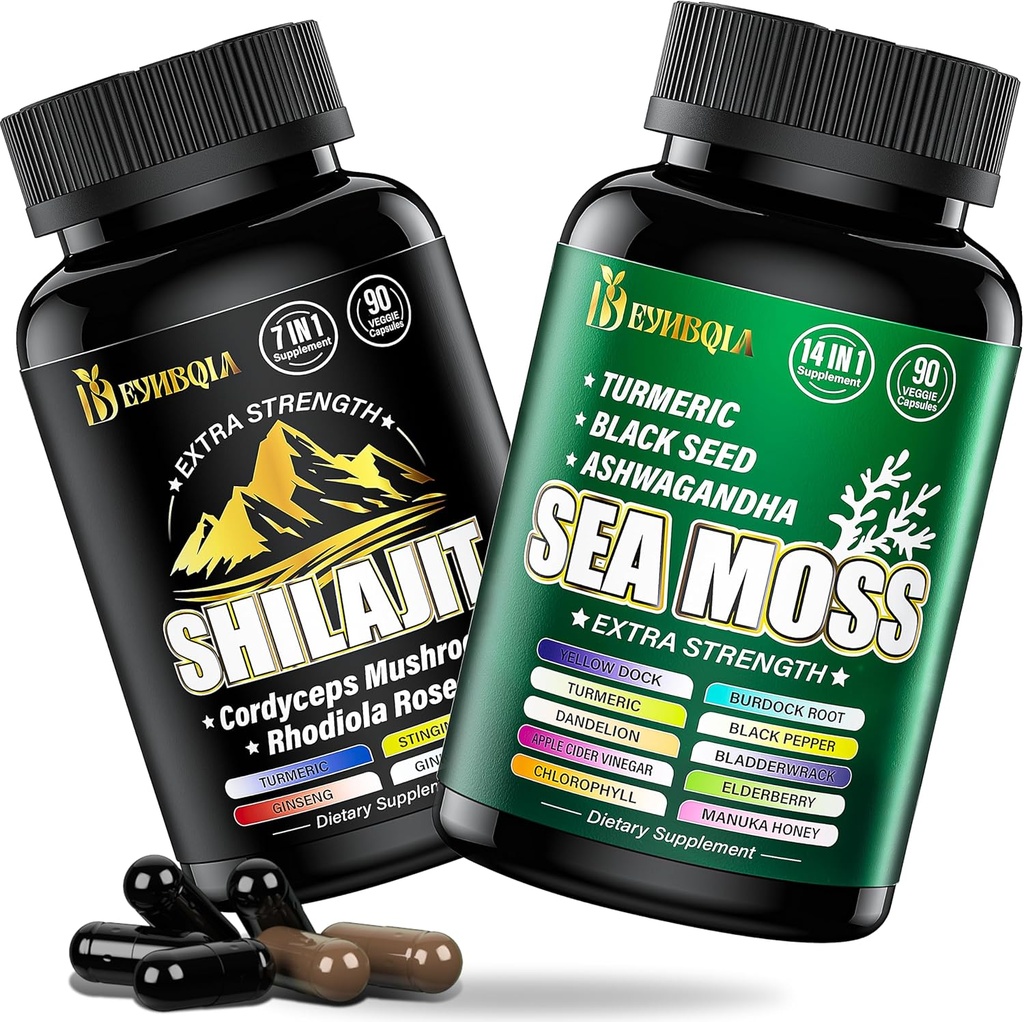 Sea Moss og shilajit Bundle - 90 Count - Sea Moss, Black Seed Oil, Ashwagandha, Turmerisk & Shilajit, Rhodiola Rosea, Burdock, Bladderwrack 21 i 1 tillæg (2 pakker) Brown