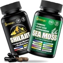 Sea Moss og shilajit Bundle - 90 Count - Sea Moss, Black Seed Oil, Ashwagandha, Turmerisk & Shilajit, Rhodiola Rosea, Burdock, Bladderwrack 21 i 1 tillæg (2 pakker) Brown