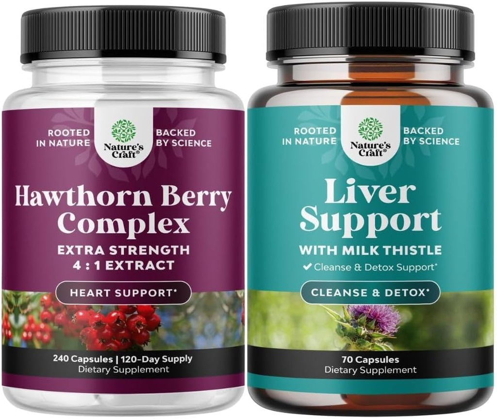 Bundle of Extra Strength Hawthorn Berry Capsules - Extract Digestion and Heart Health Supplement and Liver Cleanse and Detox & Repair Formula - Herbal Liver Support Supplement