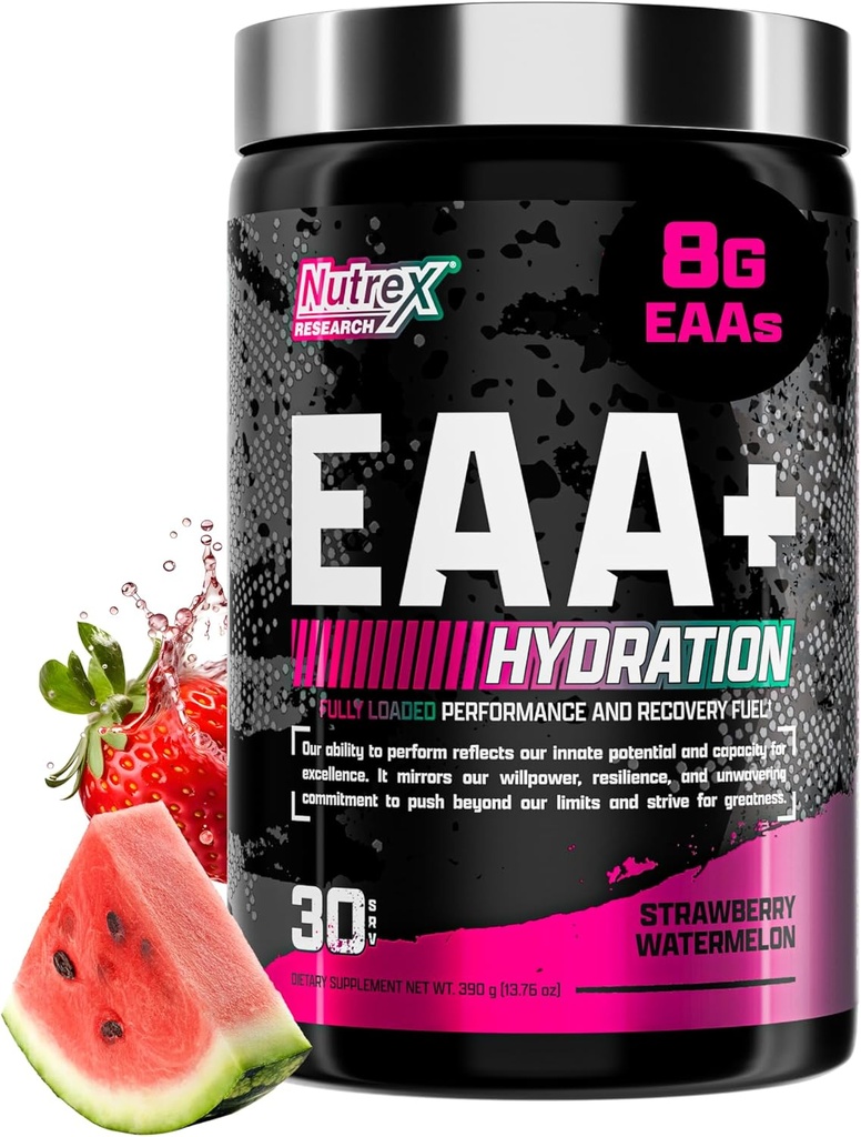 Nutrex Research EAA Hydration against 124; EAA + BCAA Powder against 124; Muscle Recovery, Strength, Muscle Building, Endurance against 124; 8G Essential Aminoacids + Electrolytes against 124; Strawberry Watermelon 30 Servering
