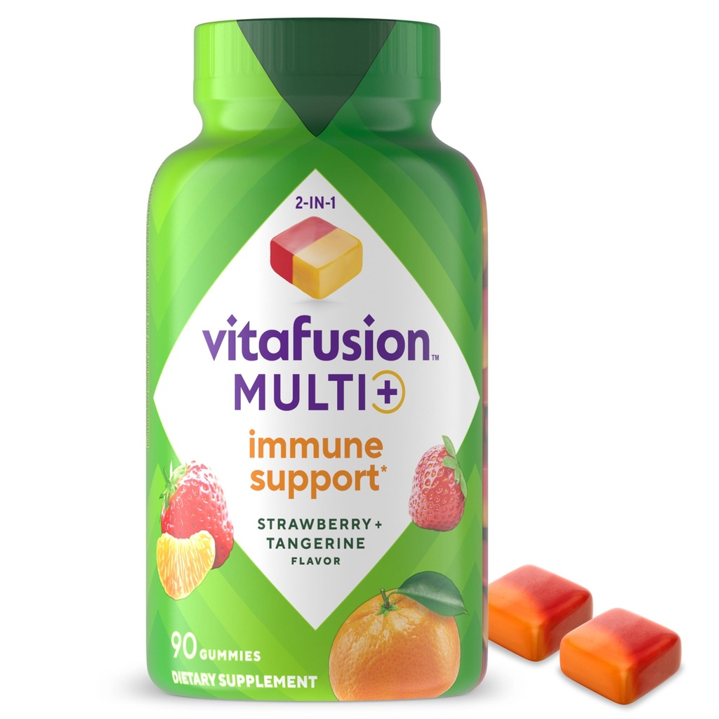 Vitafusion Multi + immunforsvar * - 2 - in-1 Fordele & smagsstoffer - Voksne vingummi vitaminer med C-vitamin, zink, daglige multivitaminer, 90 Tæl