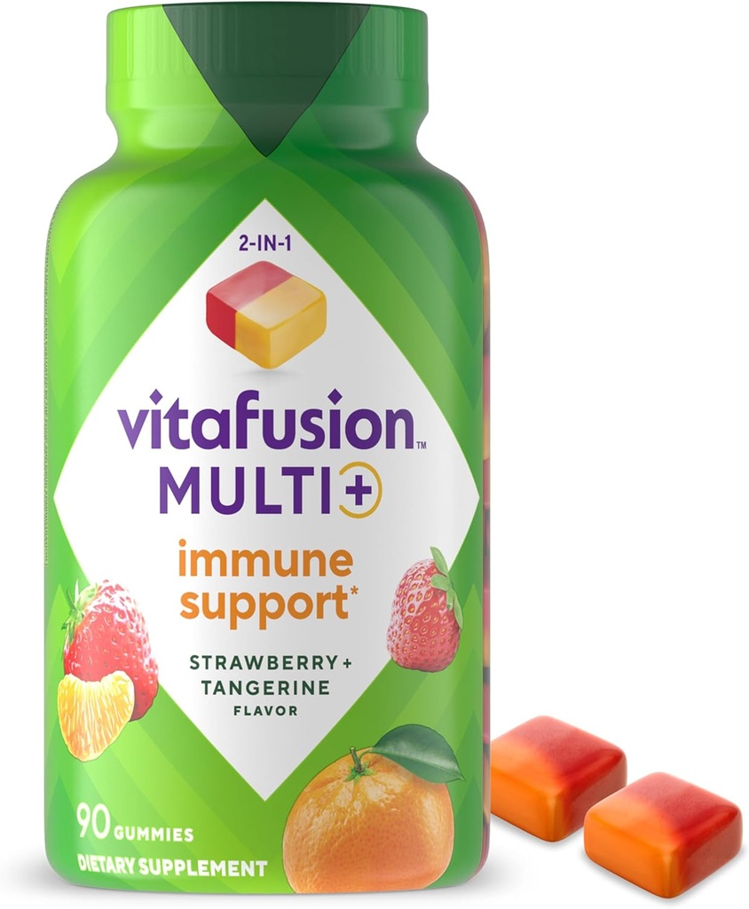Vitafusion Multi + immunforsvar * - 2 - in-1 Fordele & smagsstoffer - Voksne vingummi vitaminer med C-vitamin, zink, daglige multivitaminer, 90 Tæl