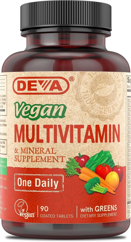 DEVA Vegan Multivitamin og Mineral Supplement - Once- Per- Day Formel med grønne - Vitaminer A, C, D, E, B Complex, High- Potency Formulation for Daily Health and Wellness- 90 Overtrukne tabletter, 1 -Pack