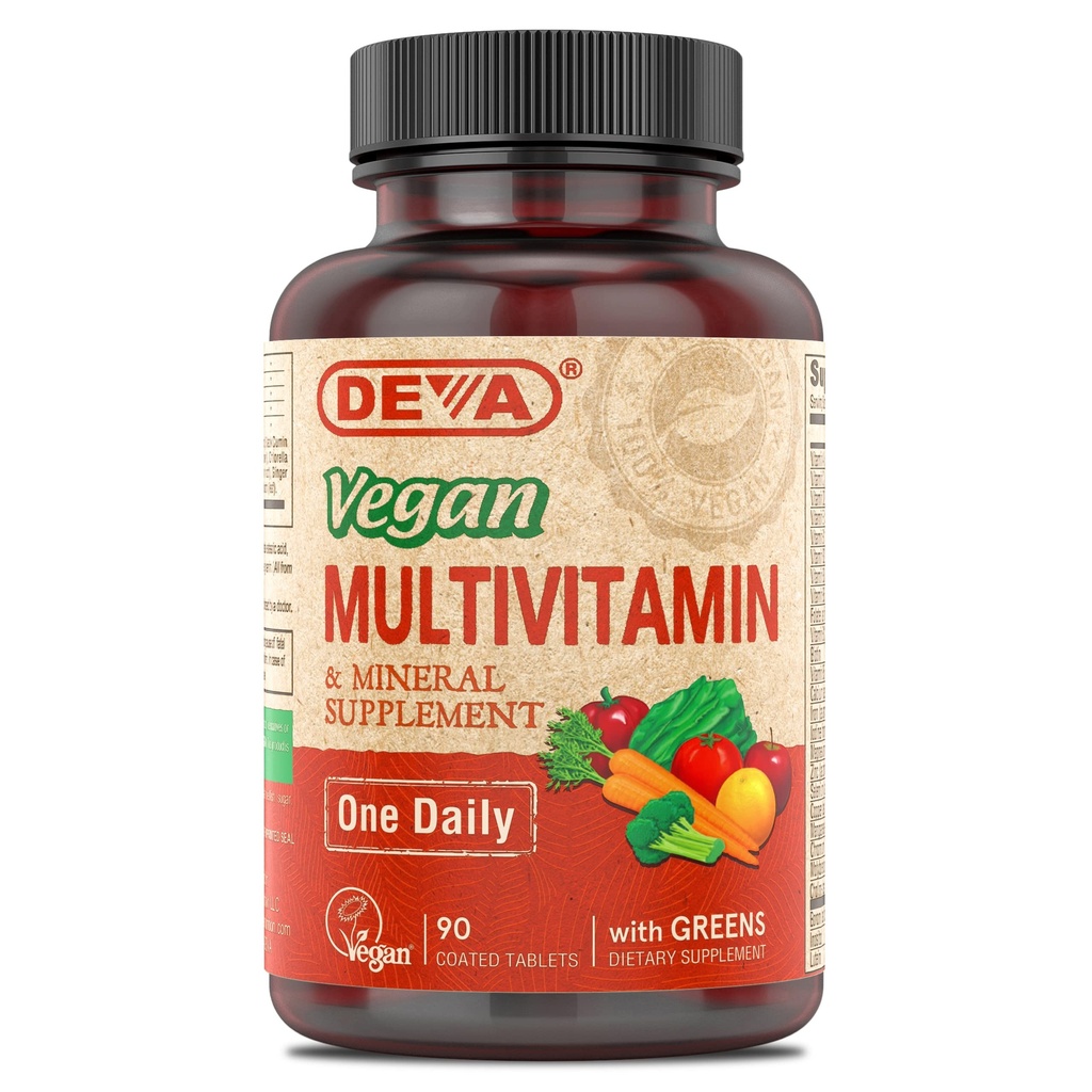 DEVA Vegan Multivitamin og Mineral Supplement - Once- Per- Day Formel med grønne - Vitaminer A, C, D, E, B Complex, High- Potency Formulation for Daily Health and Wellness- 90 Overtrukne tabletter, 1- Pack