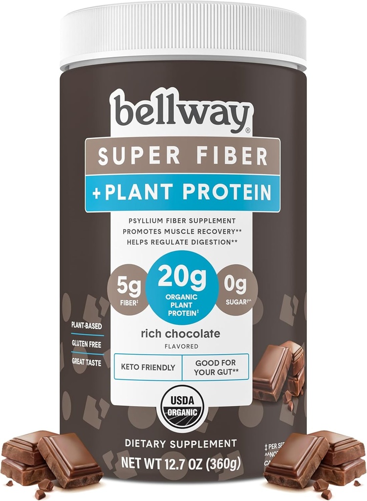 Bellway Super Fiber + Protein Powder, Sugar- Free Organic Psyllium Husk Fiber Supplement Pulver med 20g Plant Protein Per Serving, Rich Chocolate, 12,7 oz