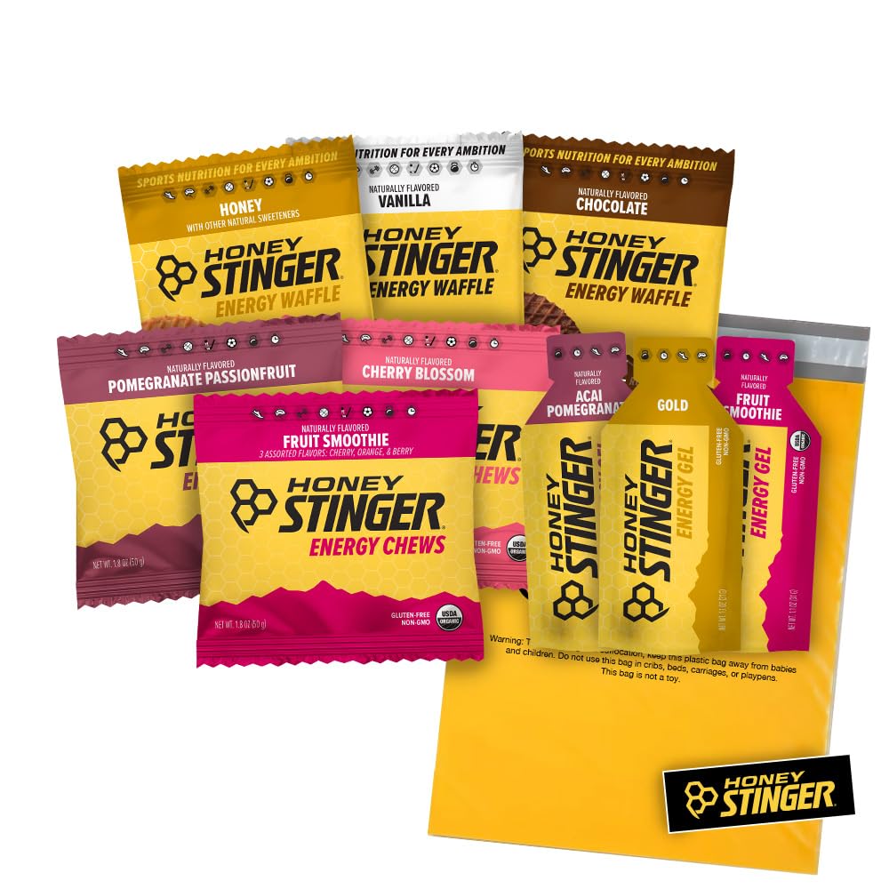 Honning Stinger Training Kit - 9 Greve Plus Sticker og Polybag - Energikilde til enhver aktivitet - 3 Økologiske vafler, 3 pakker af energi Chews & 3 Energy Gels