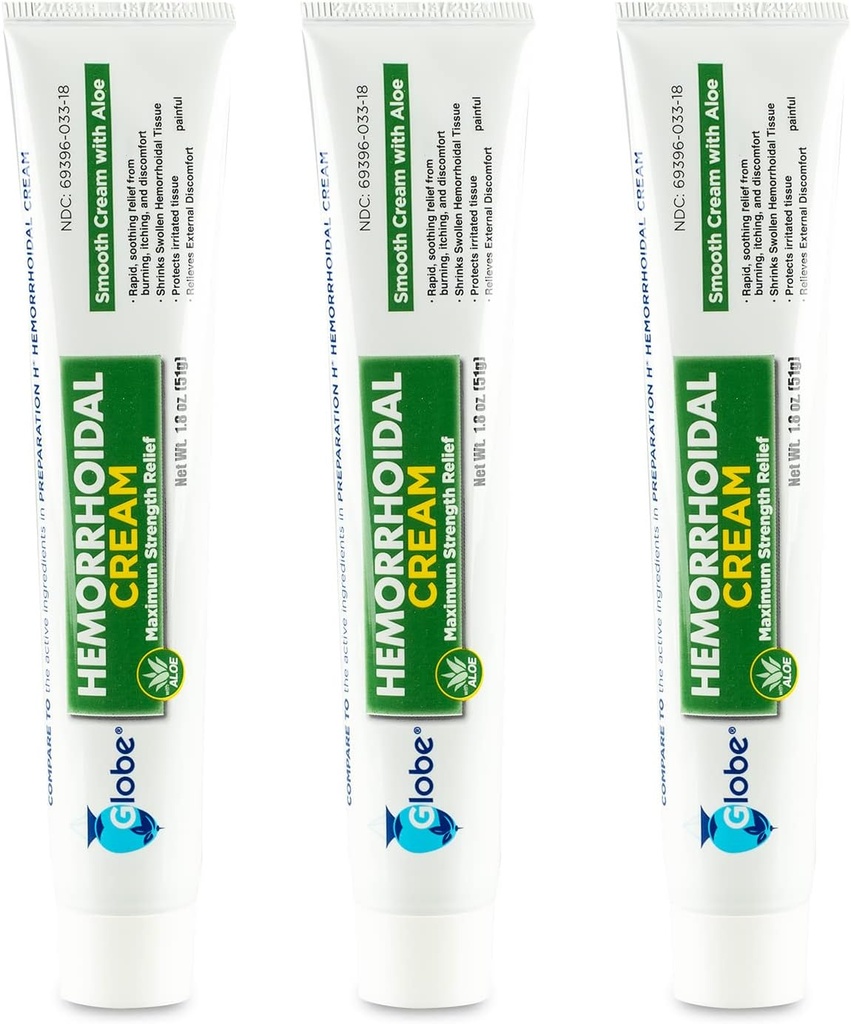 Globe (3 Pack) Hæmorroid Cream, Relief with Aloe, (1.8 Ounce Tube) Relief from Hæmorroider, Piles, Itching, Burning, Diskomfort, & Mere