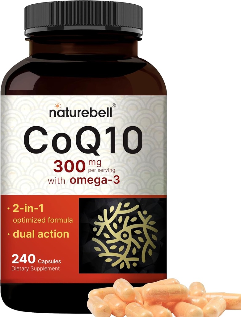 NatureBell CoQ10 300mg med Omega 3, 240 kapsler - 120 dages forsyning af 124; Stabil High Absorption Form - Antioxidant Support for Heart & Energy Health - Ekstra styrke Coenzym Q10 Supplement