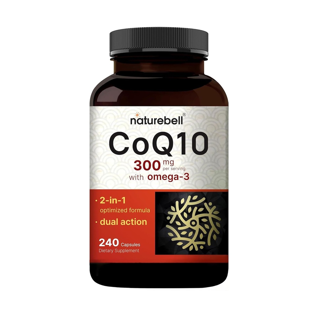 NatureBell CoQ10 300mg med Omega 3, 240 kapsler - 120 dages forsyning af 124; Stabil High Absorption Form - Antioxidant Support for Heart & Energy Health - Ekstra styrke Coenzym Q10 Supplement