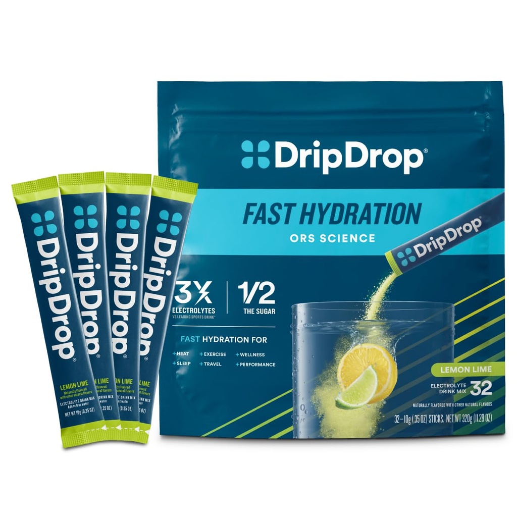 DripDrop Hydration Pakninger - Lemon Lime - Single Serve Electrolytes Powder Mix - Non-GMO, Gluten Free, Vegan - 32 sticks