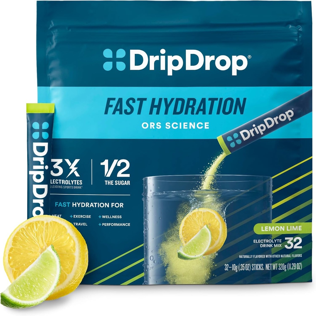 DripDrop Hydration Pakninger - Lemon Lime - Single Serve Electrolytes Powder Mix - Non-GMO, Gluten Free, Vegan - 32 sticks