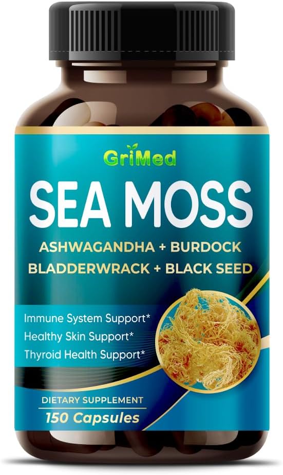 Premium Sea Moss med Ashwagandha, Burdock Bladderwrack, Black Seed for Immunsystem, Skin, Fordøjelse & Energi- Made in The USA (150 Greve (Pack of 1))