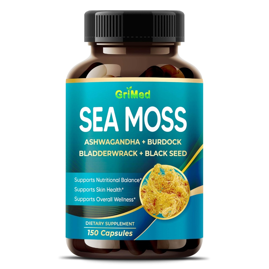 Premium Sea Moss med Ashwagandha, Burdock Bladderwrack, Black Seed for Immunsystem, Skin, Fordøjelse & Energi- Made in The USA (150 Greve (Pack of 1))