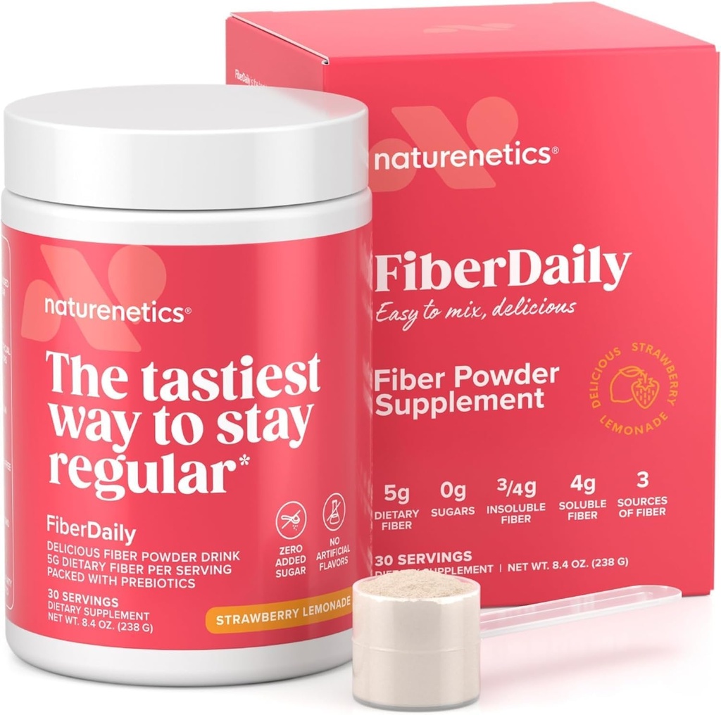 FiberDaily Delicious Fiber Powder - Organic Psyllium Husk, Agave Inulin & Sunfiber ® Guar Gum Strawberry Lemonade Drink, Sugar- Free, Opløselige Fiber, Prebiotic Fiber Supplement, Vegan, 30 Servering