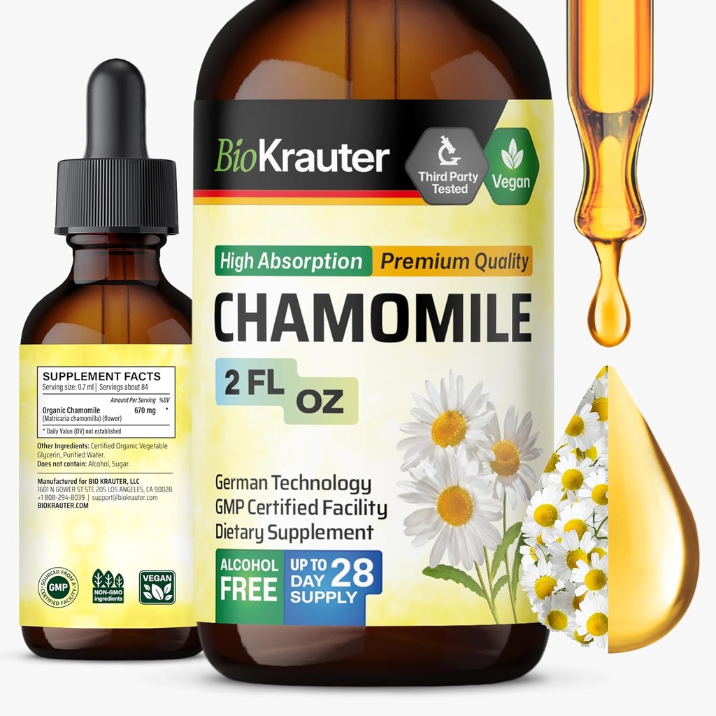 BIO KRAUTER kamille blomster tinktur - kamille ekstrakt - Indeholder Apigenin - supplement til afslapning og Calmness Support - Alkohol og sukker fri - Vegansk dråber 2 Fl.Oz.