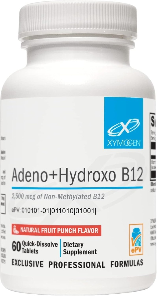 XYMOGEN Adeno + Hydroxo B12 - Non- Methylerede (2,500mcg) - Quick- Opløs B12 Lozenges med Adenosylcobalamin B12 + Hydroxocobalamin - Kognitiv support, Fruit Punch Flavor (60 tabletter)
