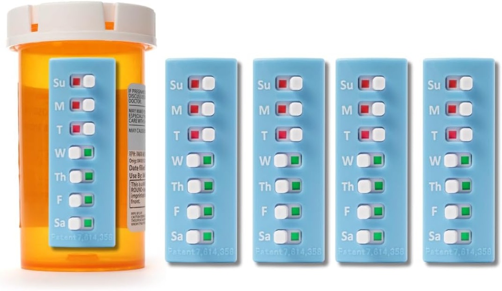 Tag Glide Peel og Stick Genbruges til 12 + Refills, Pill / Medicin / Vitamin / Pet Med Tracker & Reminder, Vedlæg til din flaske, Organizer-fri, Buet Back (Blå, 5 -Pack)