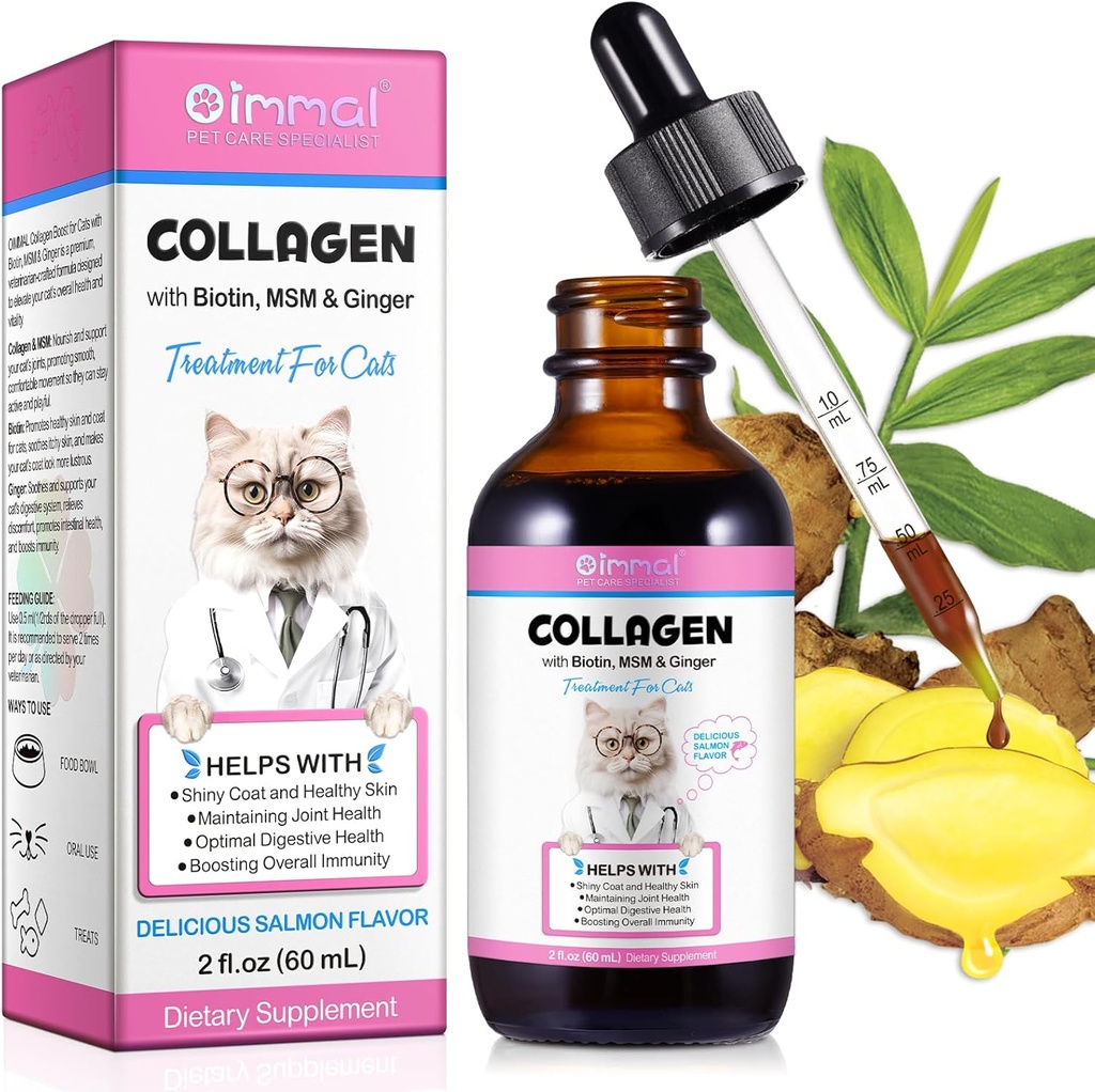 Collagen til katte, Kat Collagen flydende dråber til katte med biotin, MSM & Ginger fordøjelsesstøtte & immunitet, Itch Relief, Hud & Coat og fælles sundhed, Kat Supplement 60ml
