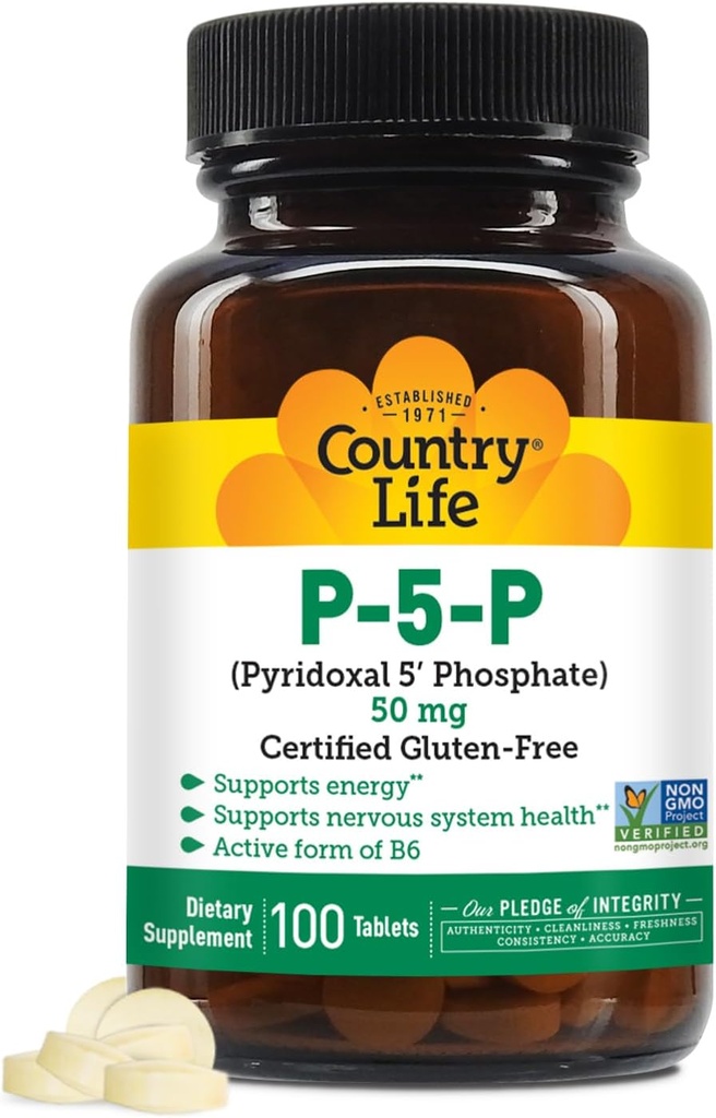 Country Life P- 5- P Vitamin B6 - Biotilgængelig Pyridoxal- 5- Phosphat supplement til energi, nervesystemet støtte, og røde blodceller vækst - Certificeret gluten fri, Vegan, non-GMO - 100 kapsler