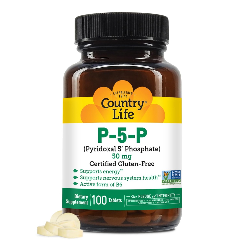 Country Life P- 5- P Vitamin B6 - Biotilgængelig Pyridoxal- 5- Phosphat supplement til energi, nervesystemet støtte, og røde blodceller vækst - Certificeret gluten fri, Vegan, non-GMO - 100 kapsler