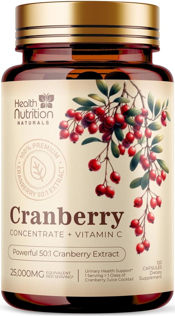 Cranberry Pills Supplement 25,000mg - Fresh Cranberry Ækvivalent Powder Extract with Vitamin C & E - Urinary Tract Health Support, Cran Berry Fruit, Sugar Free Formel, Flasket i USA - 120 Kapsler