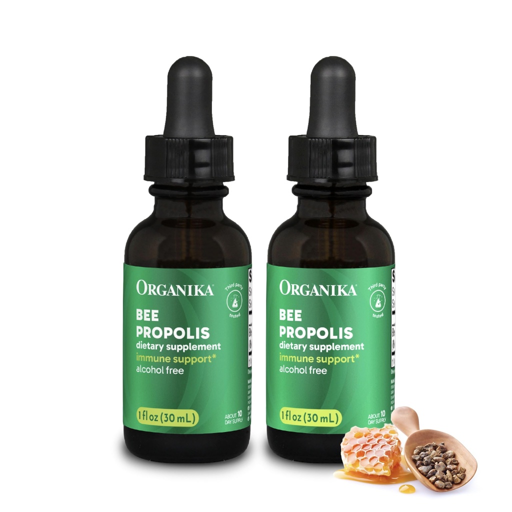 Organika Bee Propolis Tincture 1 oz x 2 Pack: Clean and Vegan Propolis Extract for immunforsvar, Hals og åndedræt - Gratis Gluten, GMO, & Kunstige Flavors - 20 dages Prop Drops Supply