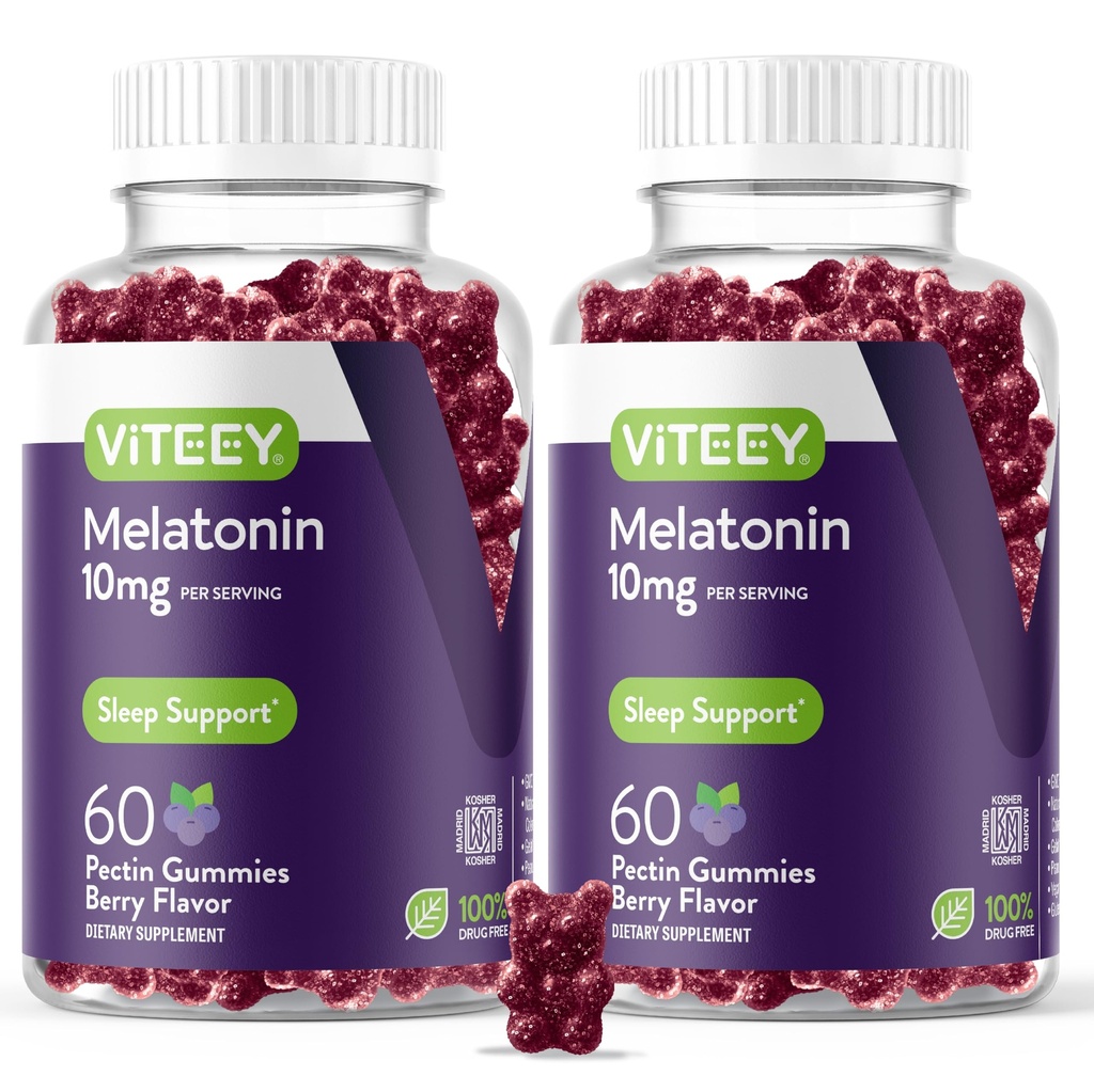 Viteey Melatonin Gummies 10mg - Sov gummies for voksne Ekstra styrke Melatonin - Vegan, GMO fri, Gluten fri - 120 Greve