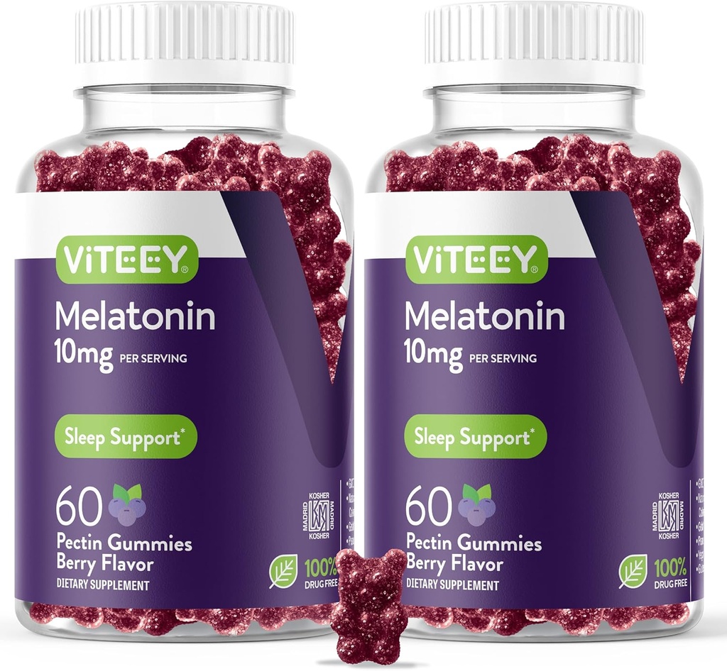 Viteey Melatonin Gummies 10mg - Sov gummies for voksne Ekstra styrke Melatonin - Vegan, GMO fri, Gluten fri - 120 Greve