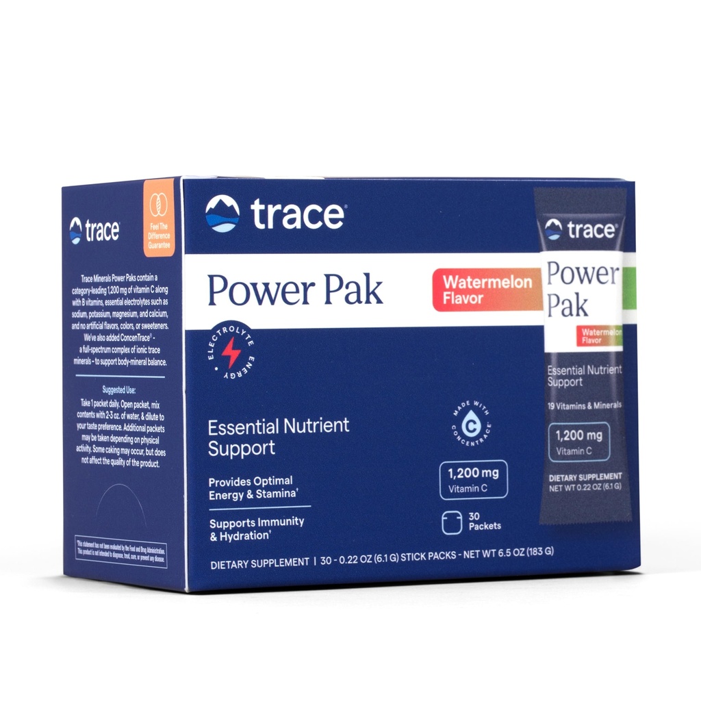 Trace Minerals Power Pak - Multivitamin pakker til essentiel ernæringsstøtte - hydrering, immunitet og energi - naturlige vitaminer & mineraler - Vandmelon Flavor - 30 Pakker