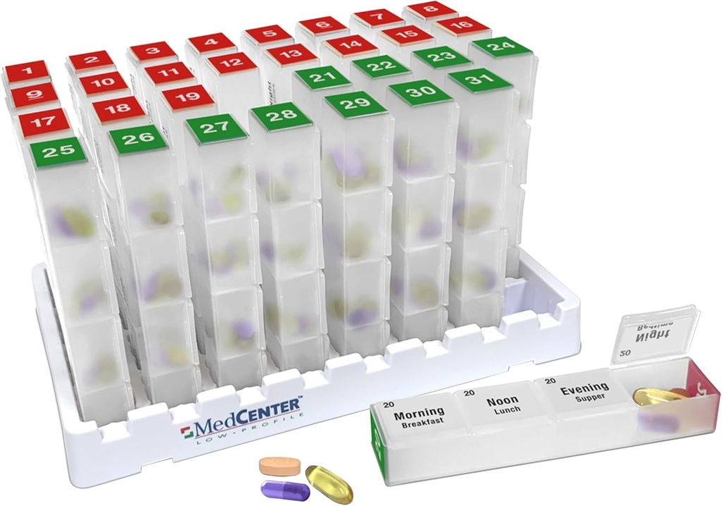 Medcenter Månedlig Pill Box Organizer, 4 gange om dagen, Ekstra store 31 daglige Pill sager med kompartmenter for vitaminer, Kosttilskud, Medicin, 31 dag Pill Organizer